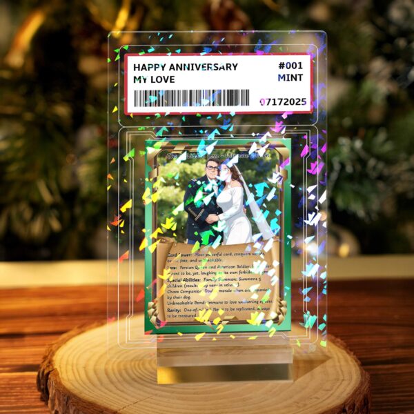 Custom anniversary plaque styled as a graded collectible card, with a hologram finish